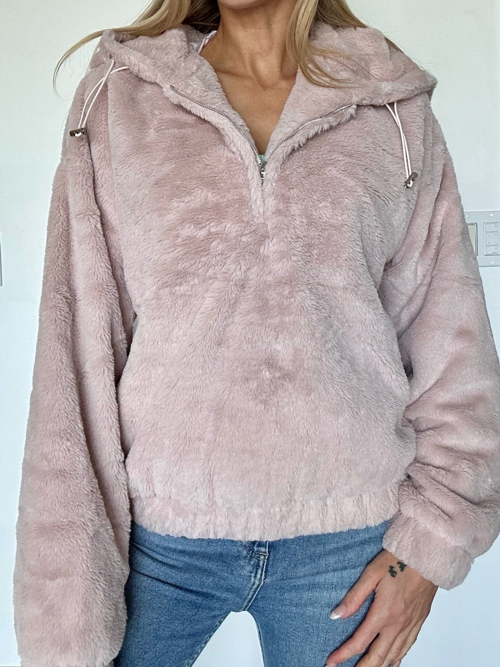 PrettyLittleThing Blush Teddy Half-Zip Hooded Jacket